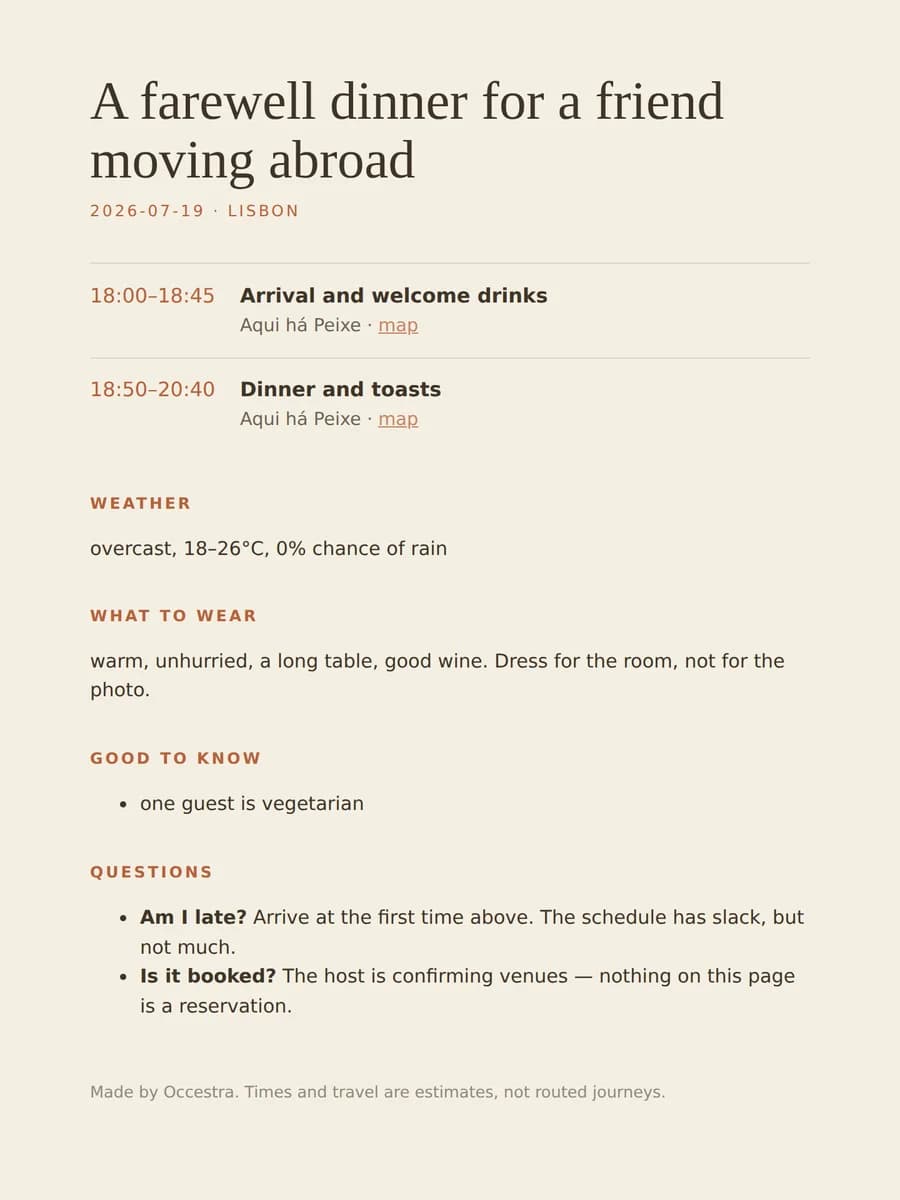 Real guest guide from the sealed farewell-dinner pack: schedule, weather, and honest booking notes for an evening in Lisbon