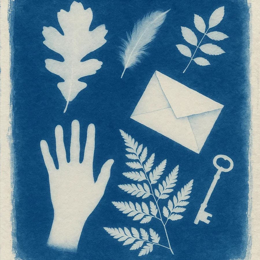 Real keepsake artwork in the Sunprint house style: a cyanotype of pressed leaves, an envelope, a key and an open hand