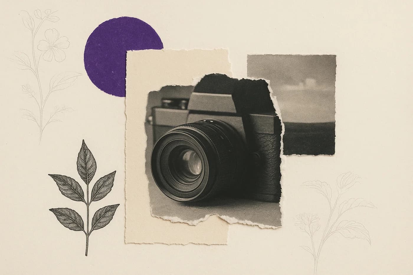 Real launch-kit hero visual: an editorial paper collage of a film camera with a deep amethyst sun